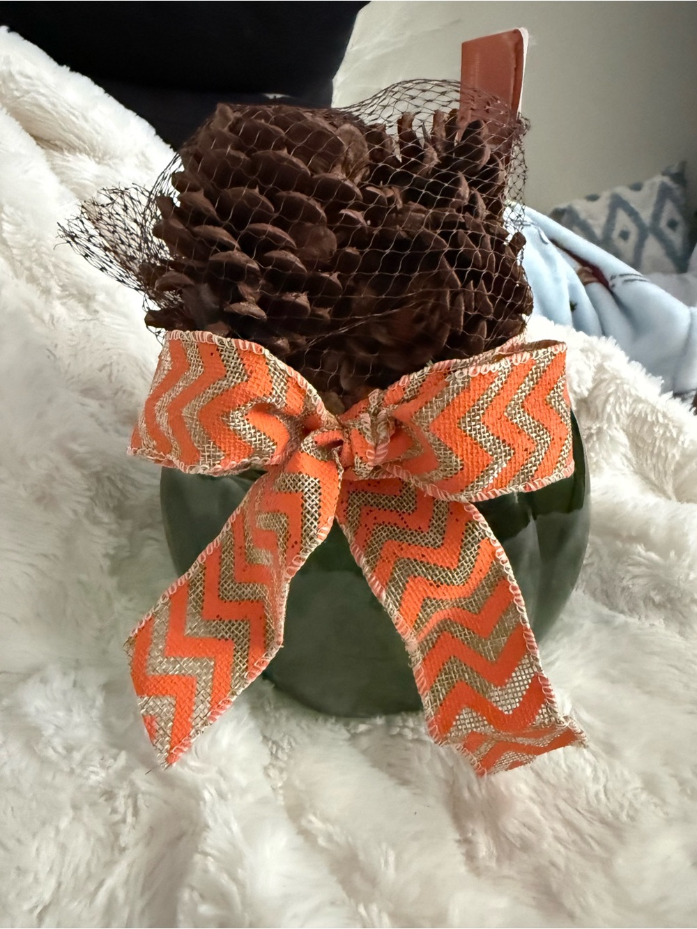 Decorative Green Vase bowl, bag of pinecone and pumpkin filler. Removable bow